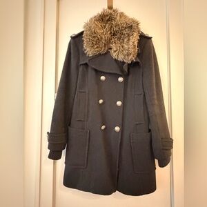 Aritiza, Community Brand Women's Black Double-Breasted Coat with Faux Fur Collar